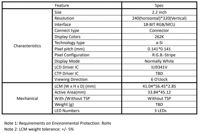 ST7789V Interface MCU 8 bits 2.2 pouces TFT Affichage LCD personnalisé Résolution 240*320 0