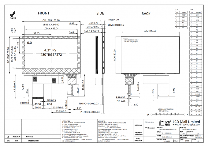 4.3'' IPS 480*RGB*272 Tft Affichage LCD 40 broches Interface RGB Écran tactile capacitif 1