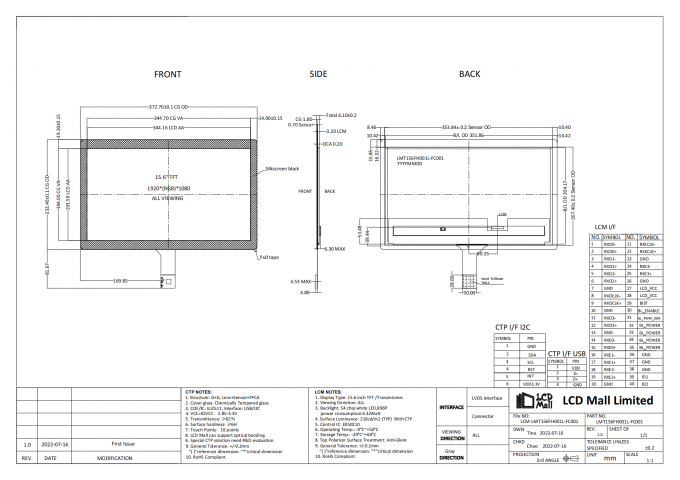 Module LCD TFT CTP de résolution 1920*1080 de 15,6 pouces Panneau LCD 210cd 0