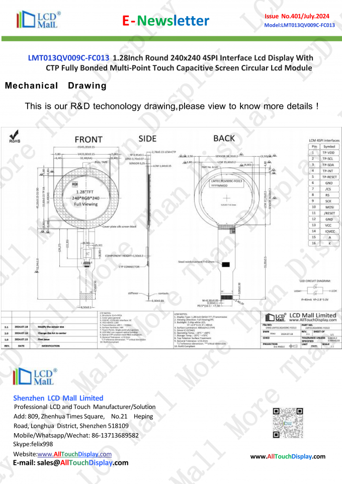 dernières nouvelles de l'entreprise N°401 Newsletter 1,28 pouces LT013QV009C-FC013 du centre commercial LCD  4