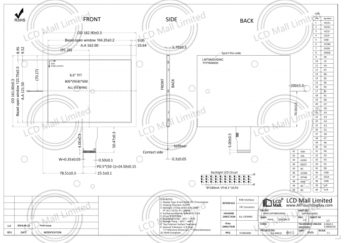 JD9165A pilote IC écran LCD de 8 pouces affichage avec 27 puces LED rétroéclairage 50 types de broches 0