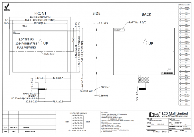 8.0" TFT LCD Module 1024*768 Résolution 1000nits 40PIN Interface LVDS pour fil AK soudé au FPC 0