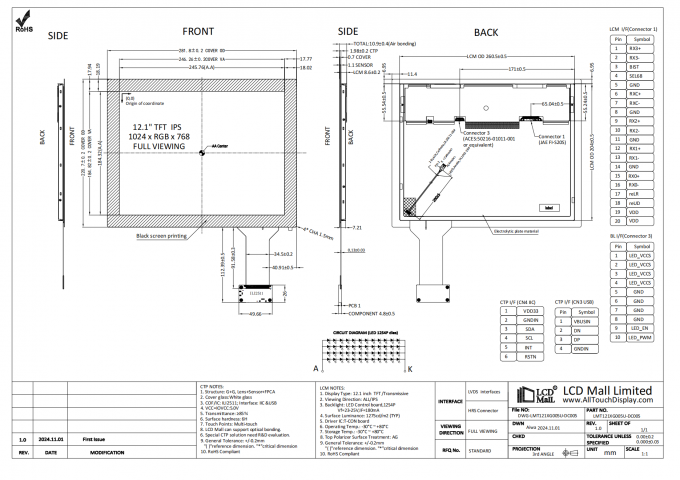 Module d'affichage LCD personnalisable de 12,1 pouces avec résolution 1024 * 768 et interface LVDS à 20 broches 0