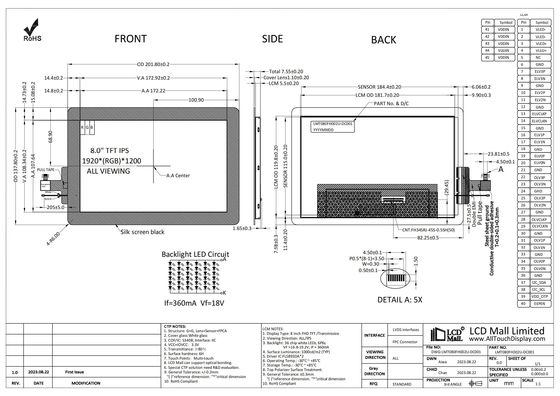 acheter Écran LCD CTP intelligent de 8 pouces FHD TFT 1920*1200 Écran LCD IPS avec affichage de 1000 nits Interface LVDS online manufacture